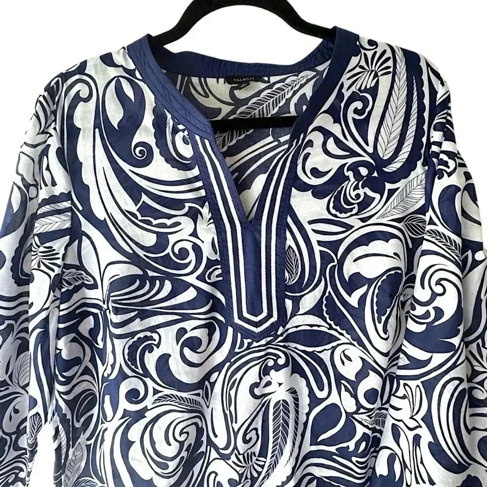 TALBOTS NWOT SPLIT NECK TUNIC PAISLEY 3/4 SLEEVE NAVY BLUE WHITE | SIZE: LARGE - Picture 2 of 8
